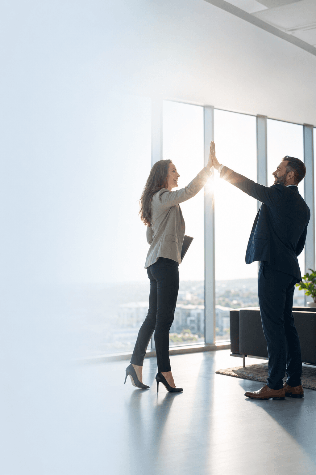 Two real estate professionals high-fiving in an office after closing a deal